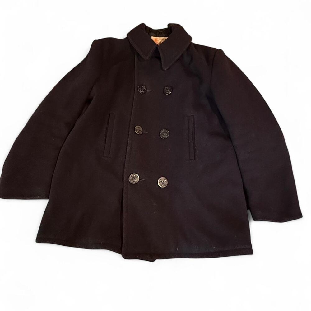 Vintage 40s 50s Black Sheraton Pea Coat Double-Breasted Old Money 100% Wool